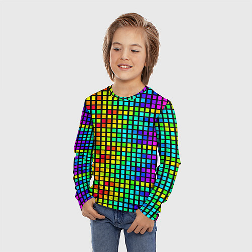 Детский лонгслив Разноцветные квадраты на чёрном фоне / 3D-принт – фото 3