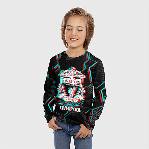 Детский лонгслив Liverpool FC в стиле glitch на темном фоне / 3D-принт – фото 3