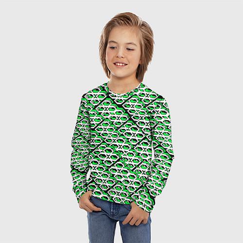 Детский лонгслив Зелёно-белый узор на чёрном фоне / 3D-принт – фото 3