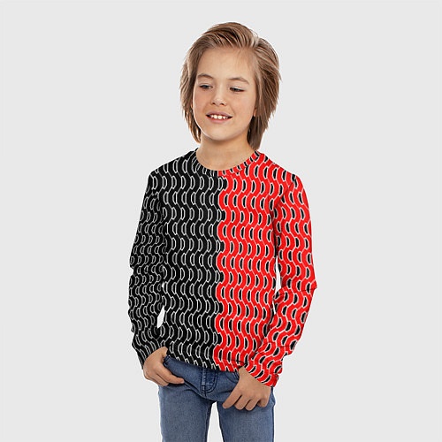 Детский лонгслив Чёрно-красный паттерн с белой обводкой / 3D-принт – фото 3