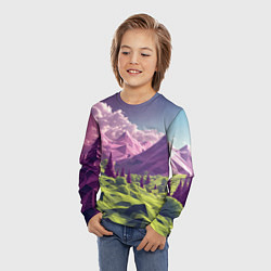 Лонгслив детский Геометрический зеленый пейзаж и фиолетовые горы, цвет: 3D-принт — фото 2