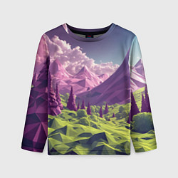 Лонгслив детский Геометрический зеленый пейзаж и фиолетовые горы, цвет: 3D-принт