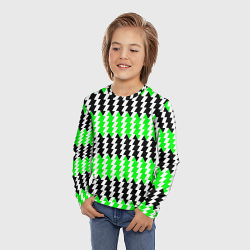 Детский лонгслив Вертикальные чёрно-зелёные полосы / 3D-принт – фото 3