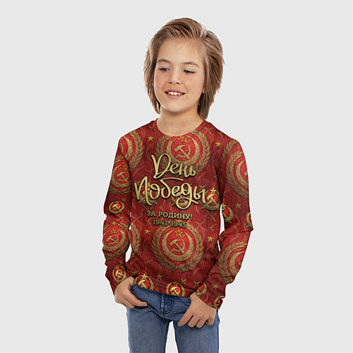 Детский лонгслив День Победы золотой текст на красном фоне СССР / 3D-принт – фото 3
