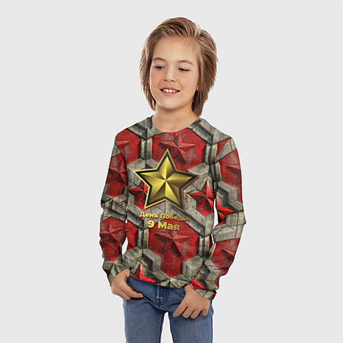 Детский лонгслив День Победы золотой текст на красном фоне СССР / 3D-принт – фото 3