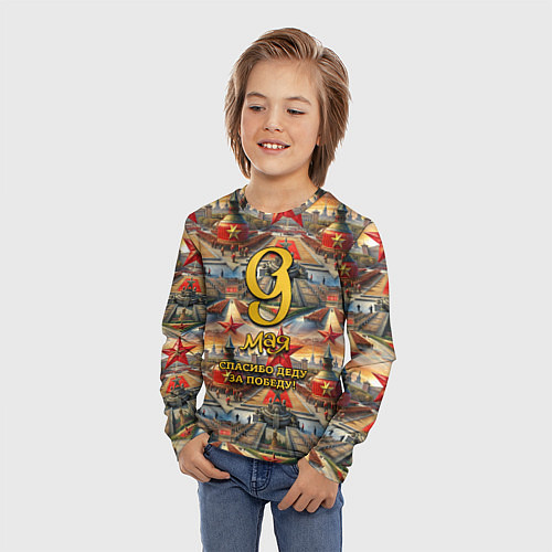 Детский лонгслив 9 мая золотой текст фон парад / 3D-принт – фото 3