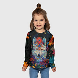 Лонгслив детский Белый волк с цветами акварелью, цвет: 3D-принт — фото 2