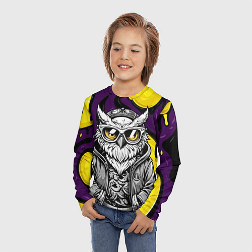 Детский лонгслив Модная сова фиолетово-желтый фон / 3D-принт – фото 3