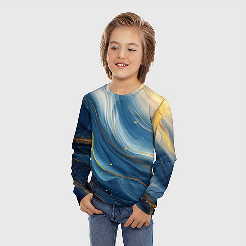 Детский лонгслив Золотая волнистая текстура на синей ткани / 3D-принт – фото 3