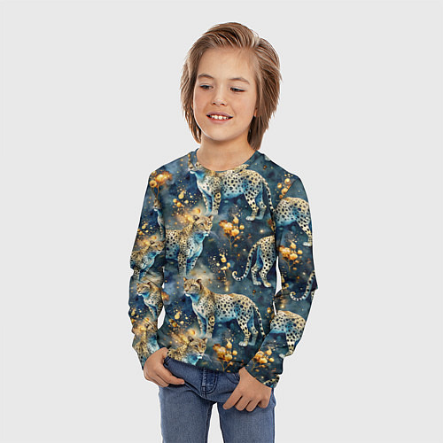 Детский лонгслив Леопард и золотые капли на синем фоне / 3D-принт – фото 3