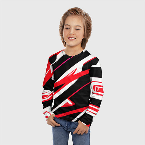 Детский лонгслив Красно-белые полосы на чёрном фоне / 3D-принт – фото 3