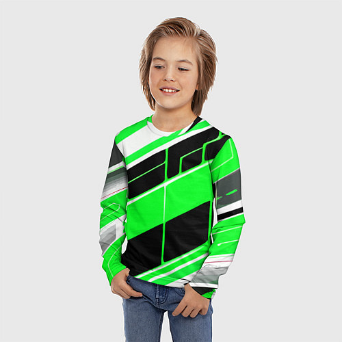 Детский лонгслив Зелёно-белые полосы и чёрный фон / 3D-принт – фото 3