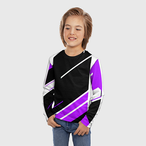Детский лонгслив Бело-фиолетовые полосы на чёрном фоне / 3D-принт – фото 3