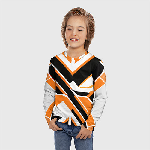 Детский лонгслив Чёрно-оранжевые широкие линии на белом фоне / 3D-принт – фото 3