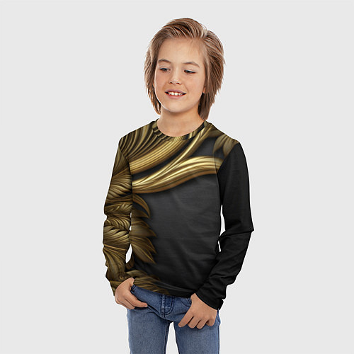 Детский лонгслив Золотые объемные листья на черном / 3D-принт – фото 3