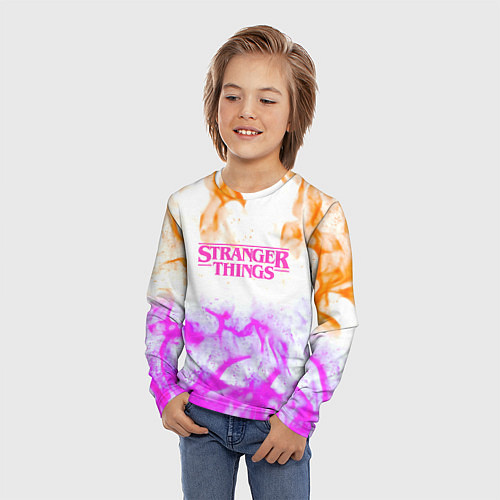 Детский лонгслив Очень странные дела огонь неоновый / 3D-принт – фото 3