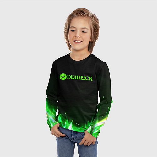 Детский лонгслив Deadlock logo зеленый огонь / 3D-принт – фото 3