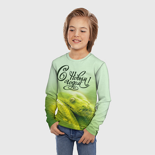 Детский лонгслив Символ 2025 года зеленая змея надпись: с новым год / 3D-принт – фото 3