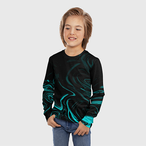 Детский лонгслив Чёрный с бирюзовыми разводами абстракция / 3D-принт – фото 3