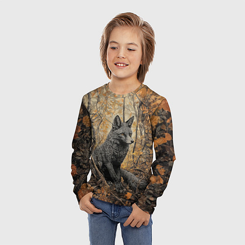 Детский лонгслив Серый лис в осенней чаще / 3D-принт – фото 3