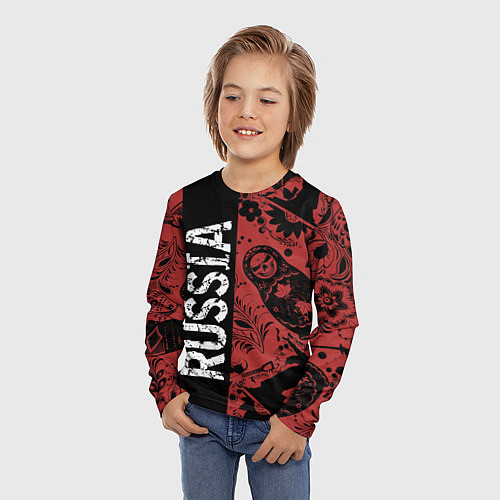 Детский лонгслив Россия на фоне матрёшек балалайки и славянских узо / 3D-принт – фото 3