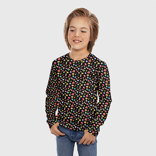 Детский лонгслив Паттерн хиппи значки на черном фоне / 3D-принт – фото 3