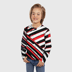 Лонгслив детский Красно-белые диагональные полосы на чёрном фоне, цвет: 3D-принт — фото 2