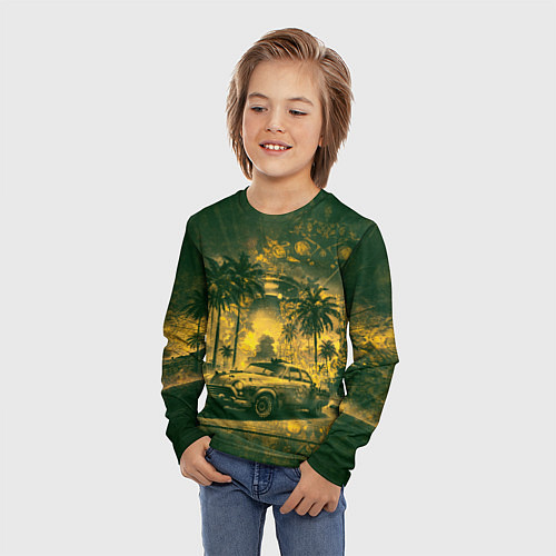Детский лонгслив Винтажный автомобиль под пальмами / 3D-принт – фото 3