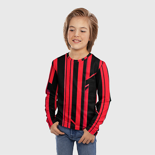 Детский лонгслив Толстые красные полосы на чёрном фоне / 3D-принт – фото 3