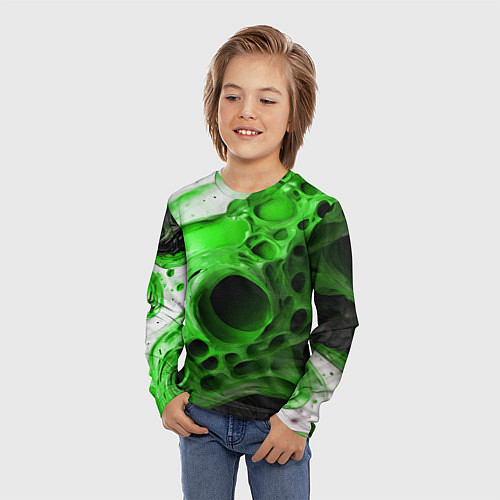 Детский лонгслив Зелёно-белая абстрактная структура / 3D-принт – фото 3
