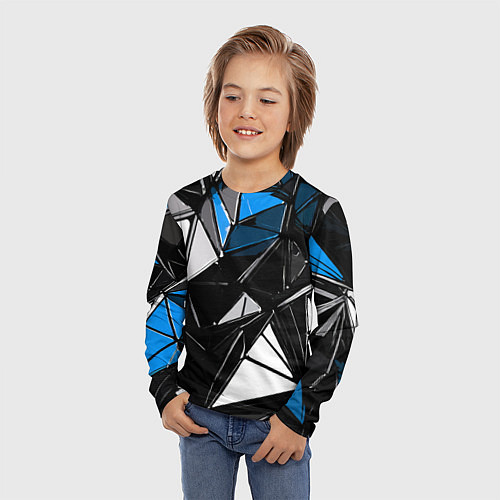 Детский лонгслив Сине-белые рельефные треугольники на чёрном фоне / 3D-принт – фото 3