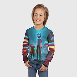 Лонгслив детский Морти и Рик в сказочном неоновом грибном лесу, цвет: 3D-принт — фото 2