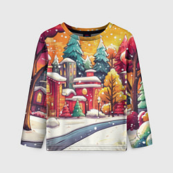 Детский лонгслив Новогодний город в оранжевых оттенках