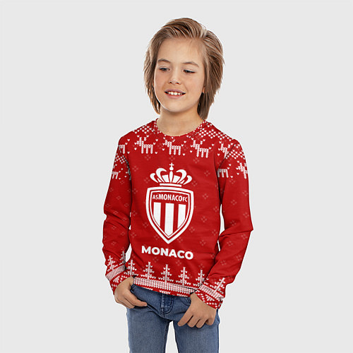 Детский лонгслив Новогодний Monaco с оленями / 3D-принт – фото 3