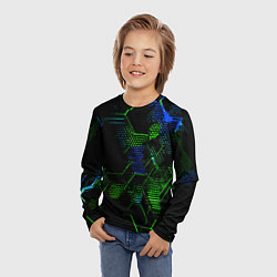 Лонгслив детский Сине-зелёные точки и линии на чёрном фоне, цвет: 3D-принт — фото 2