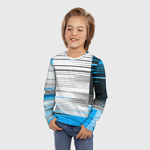 Детский лонгслив Чёрные вертикальные полосы на сине-белом фоне / 3D-принт – фото 3