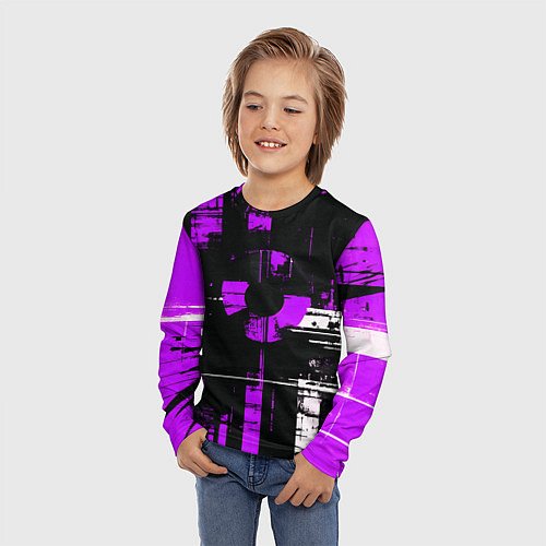 Детский лонгслив Фиолетово-белый гранж на чёрном фоне / 3D-принт – фото 3