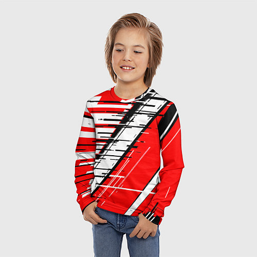 Детский лонгслив Чёрно-белые глитч полосы на красном фоне / 3D-принт – фото 3