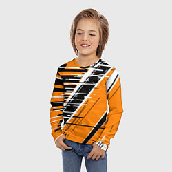 Лонгслив детский Чёрно-белые глитч полосы на оранжевом фоне, цвет: 3D-принт — фото 2