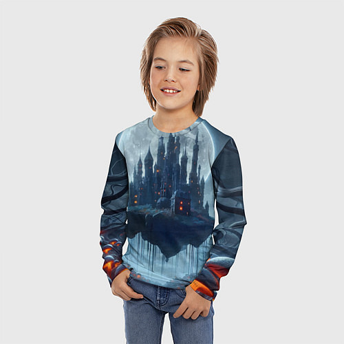 Детский лонгслив Замок Дракулы и неоновые грибы - нейроарт фантазия / 3D-принт – фото 3