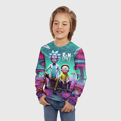 Детский лонгслив Рик и Морту на сказочной грибной планете - нейроар / 3D-принт – фото 3