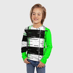 Лонгслив детский Зелёные и чёрные полосы на белом фоне, цвет: 3D-принт — фото 2