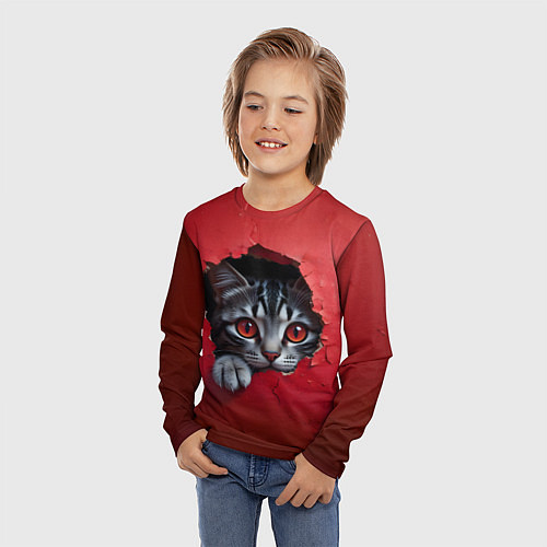 Детский лонгслив Выглядывающий котик / 3D-принт – фото 3