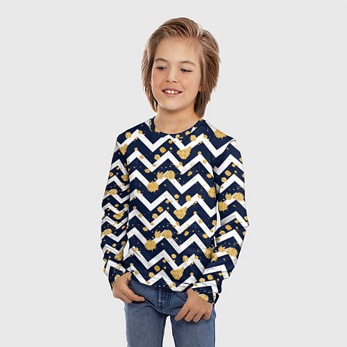 Детский лонгслив Золотые кляксы на фоне бело-синего паттерна / 3D-принт – фото 3