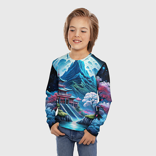 Детский лонгслив Пейзаж Японии и горы / 3D-принт – фото 3