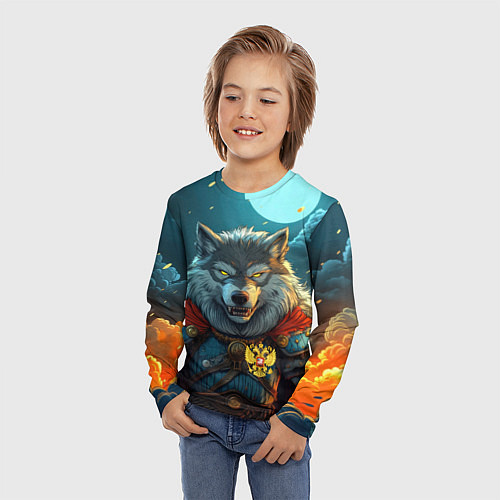 Детский лонгслив Серый волк с гербом РФ / 3D-принт – фото 3