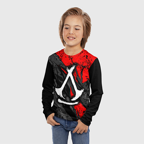 Детский лонгслив Assassins creed: shadows - белый логотип / 3D-принт – фото 3