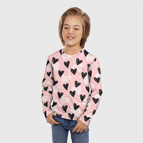 Детский лонгслив Романтичный паттерн с сердечками на розовом фоне / 3D-принт – фото 3