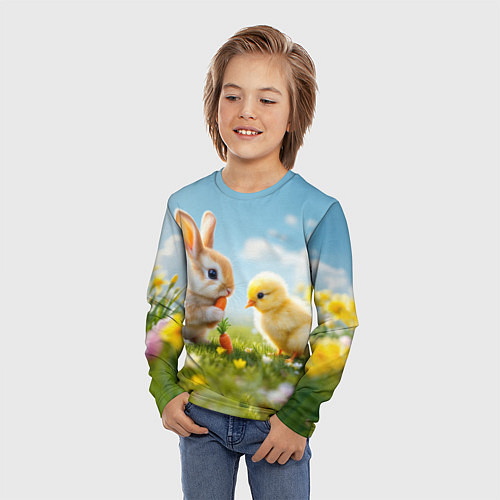Детский лонгслив Кролик и цыпленок встречают Пасху / 3D-принт – фото 3