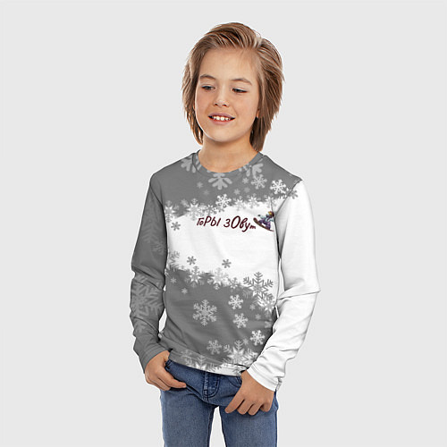Детский лонгслив Горы зовут сноуборд серый / 3D-принт – фото 3